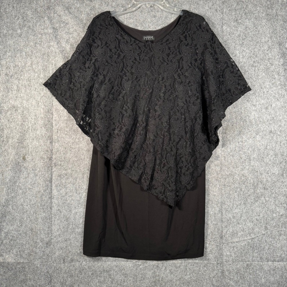 Vtg Lace Overlay Poncho Dress Plus Size 18W Black Dark Boho Whimsigoth Fairy